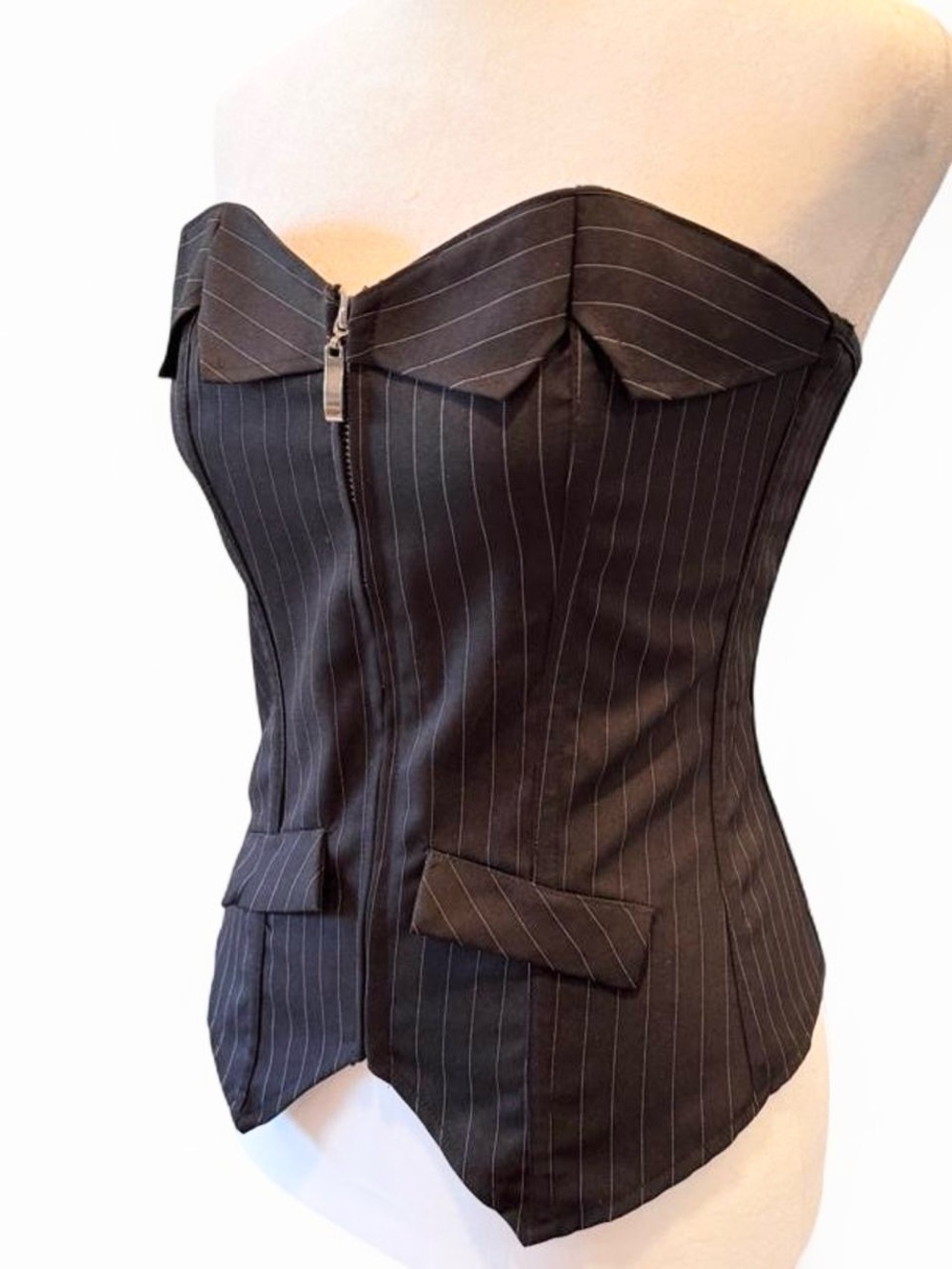 Black Pinstripe Corset Bustier Top M Lace-Up Back Zip Front